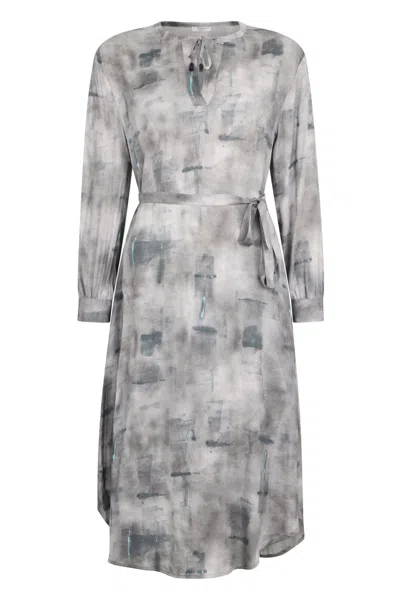 Peserico Gray Fluid Dress With Geometric Print, Long Sleeves And Belt.