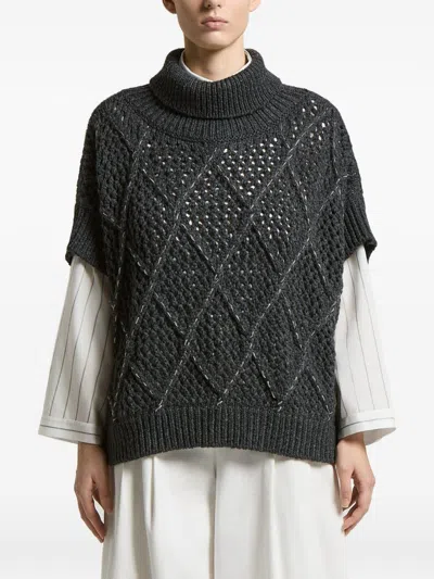 Peserico Gray Turtleneck Sweater With Perforated Design