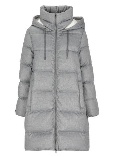 Peserico Grey Hooded Quilted Long Down Jacket In Gray
