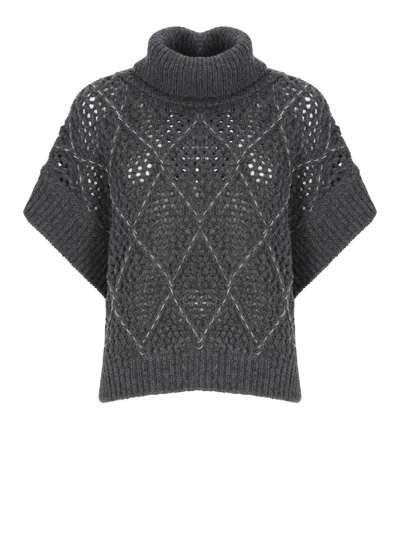 Peserico Grey Perforated Beaded High-neck Cape In Gray
