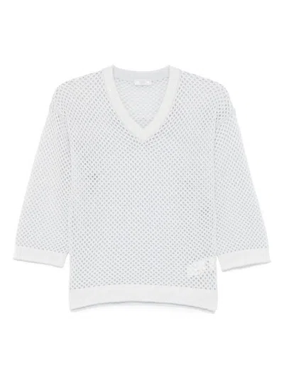 Peserico Grey Perforated Sweater With V-neck Three-quarter Length Sleeves In Blue