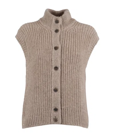 Peserico High-neck Sequin-detail Knit Vest In Brown