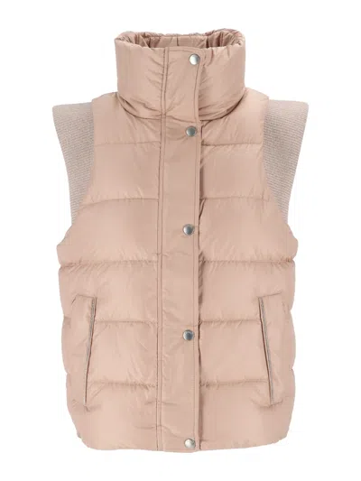 Peserico High-collar Padded Quilted Vest In Pink