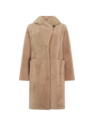 Peserico Hooded Button Fur Coat In Neutral