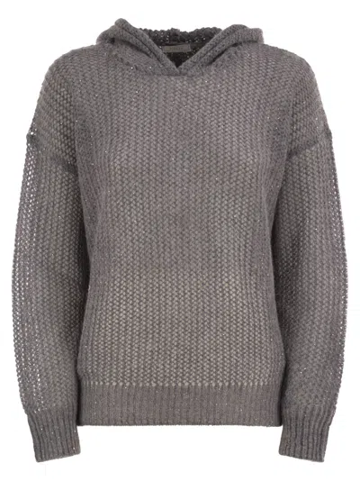 Peserico Hooded Open-knit Jumper With Sequins In Gray