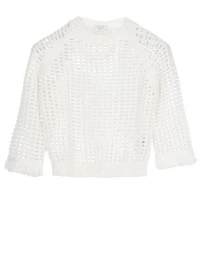 Peserico Ivory Cotton Sequin Perforated Sweater In White