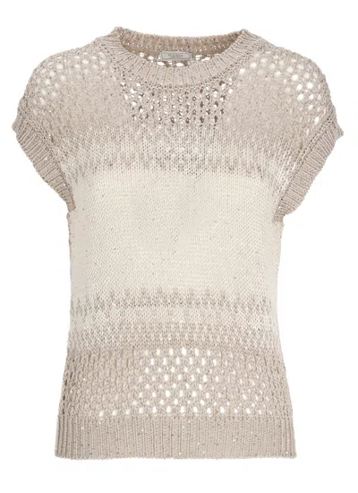Peserico Ivory Cotton Sequined Perforated Knit Top In Neutral