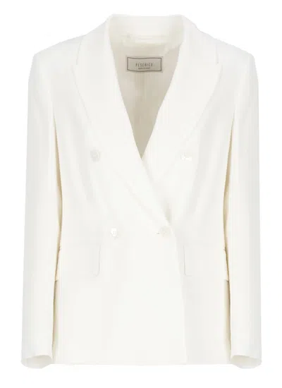 Peserico Ivory Viscose Double-breasted Blazer In Beige