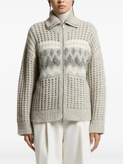 Peserico Jacquard Knit Cardigan With Sequin Applications In Gray