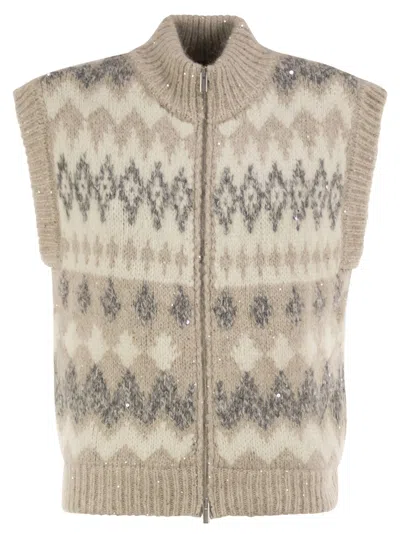 Peserico Jacquard Knitted Gilet In Alpaca Blend With Sequins In Neutral