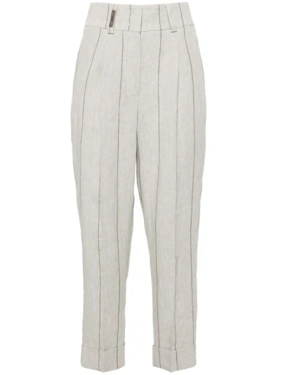Peserico Pinstriped Linen Cropped Trousers In Green