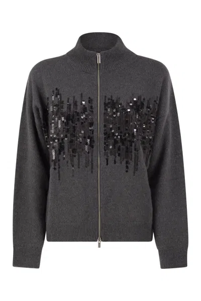 Peserico Knitted Cardigan With Sequins And Two-way Zip In Gray