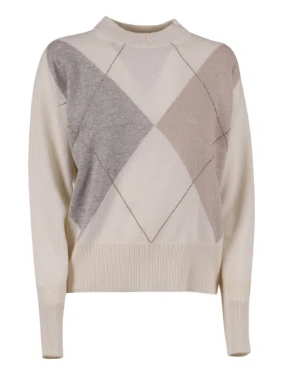 Peserico Knitted Sweater With Muted Argyle Pattern In Neutral