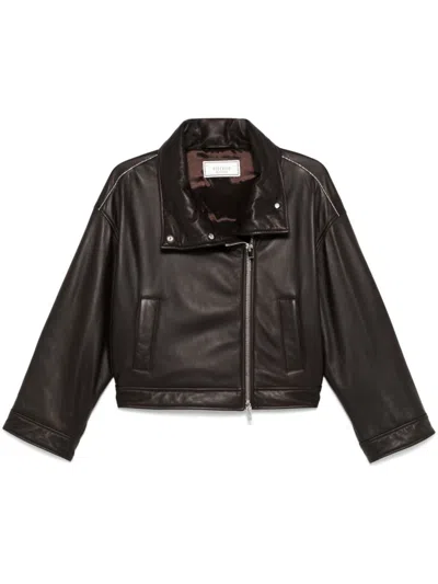 Peserico Leather Jacket In Brown