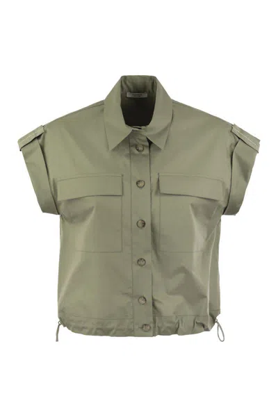 Peserico Light Cotton Satin Sail Hand Shirt With Drawstring In Military Green