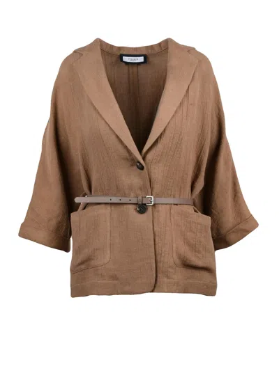 Peserico Lightweight Brown Linen Blazer With Leather Waist Detail