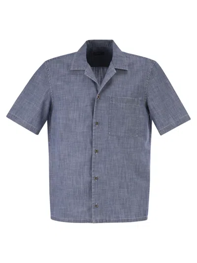 Peserico Lightweight Cotton Chambray-effect Short-sleeve Shirt In Blue