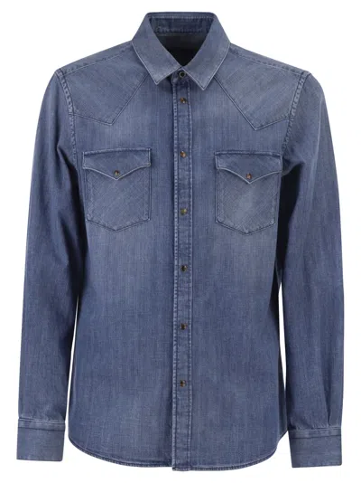 Peserico Lightweight Cotton Denim Shirt With Patch Pockets In Blue