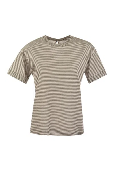 Peserico Lightweight Striped Jersey T-shirt And Punto Luce In White/brown