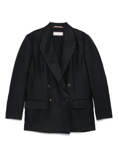 Peserico Linen Double-breasted Blazer In Blue