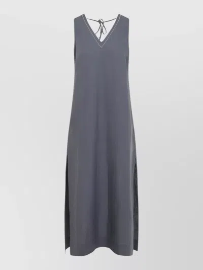 Peserico Blue V-neckline Linen Long Dress In Gray