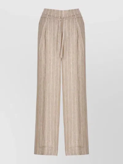 Peserico Linen Striped Straight Leg Tailored Pants In Brown