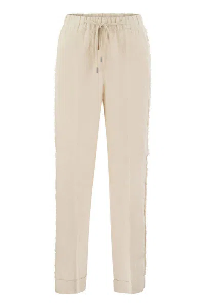 Peserico Linen Trousers With Side Fringes In Beige
