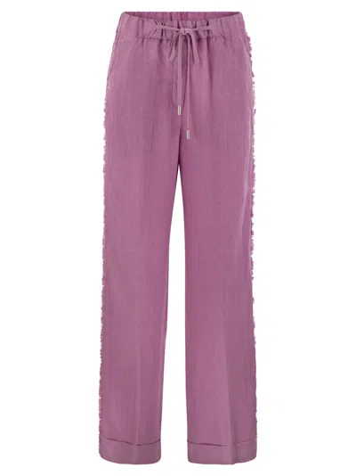 Peserico Linen Trousers With Side Fringes In Pink