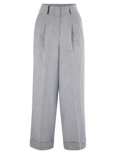Peserico Linen Trousers With Striped Pattern In Gray