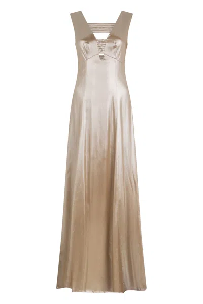 Peserico Long Beige Dress In A Soft Satin Fabric With A Minimal And Elegant Design. In Brown