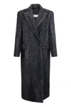 Peserico Long Black Coat With Zigzag Pattern. In Multi