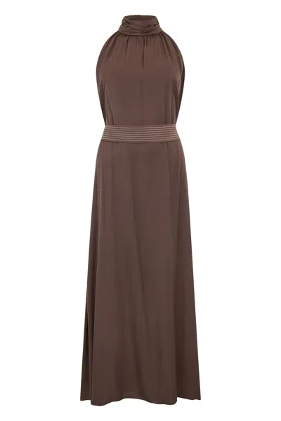 Peserico Long Brown Dress With A High Collar And Elegant Design.