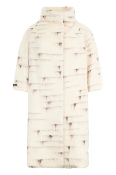 Peserico Long Coat To The Knee In Cream White Color With Brown Pattern, Elegant And Versatile. In Neutral