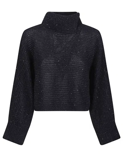 Peserico High Neck Cropped Knit Sweater With Sparkle In Black