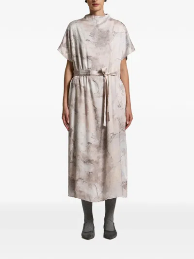 Peserico Marble-print Belted Midi Dress In Gray