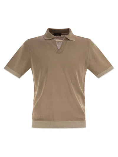 Peserico Men Polo Shirt In Linen And Cotton Yarn In Brown
