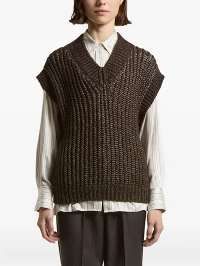 Peserico Metallic-effect V-neck Vest In Brown
