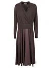 Peserico Mixed-material Long Dress With Knit Bodice In Brown