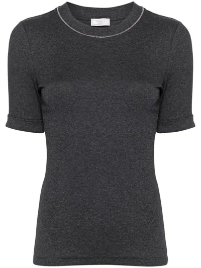 Peserico Ribbed Crew Neck T-shirt With Lurex Detail In Gray