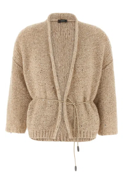 Peserico Textured Knit Cardigan Waist Tie In Brown
