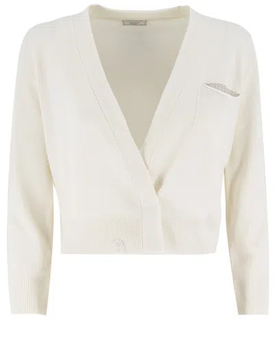 Peserico Natural White Wool Cardigan With Plunging Neckline In Neutrals