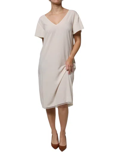 Peserico Off White Short Sleeves V-neck Shift Midi Women's Dress