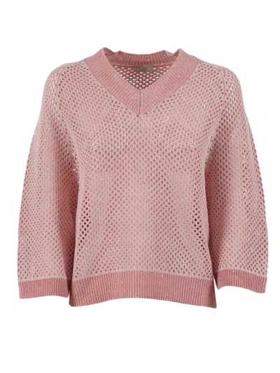 Peserico Open Knit V Neck Sweater In Pink