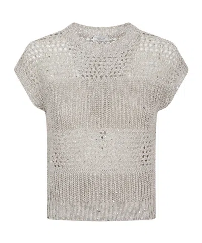 Peserico Open-knit Sequined Knitted Sweater In Gray