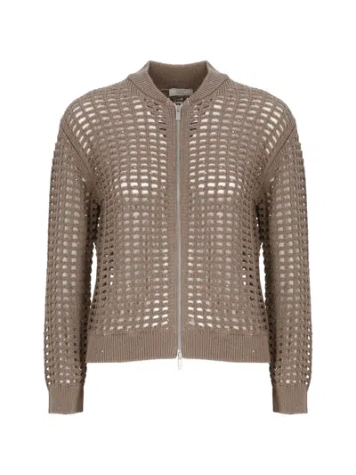 Peserico Crewneck Sequin Cotton Knit Cardigan In Brown
