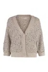 Peserico Cotton Cardigan With Sequined Detailing And V-neckline In Neutral