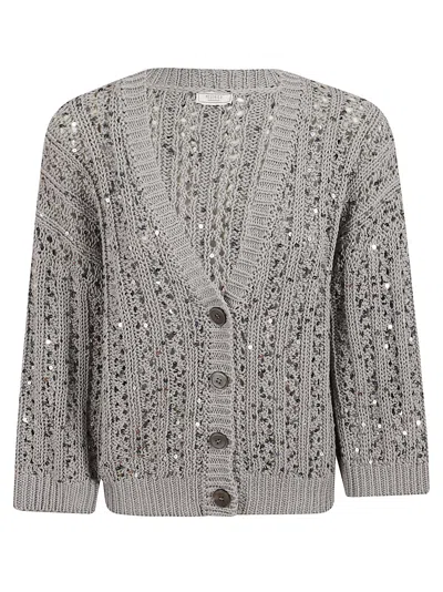 Peserico Openwork Sequin-embellished Cotton Knitted Cardigan In Gray