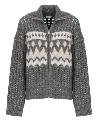 Peserico Perforated Knit Sweater With Sequins And Geometric Fantasy In Black