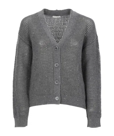 Peserico Sequin Knit V Neck Cardigan Jacket In Gray