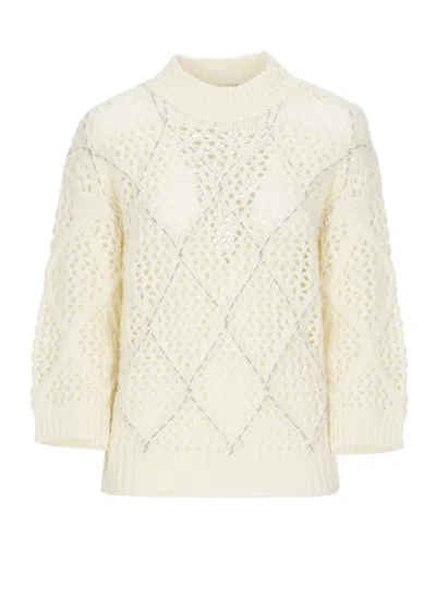 Peserico Perforated White Sweater With Beaded Details And Ribbed Finishing In Neutral